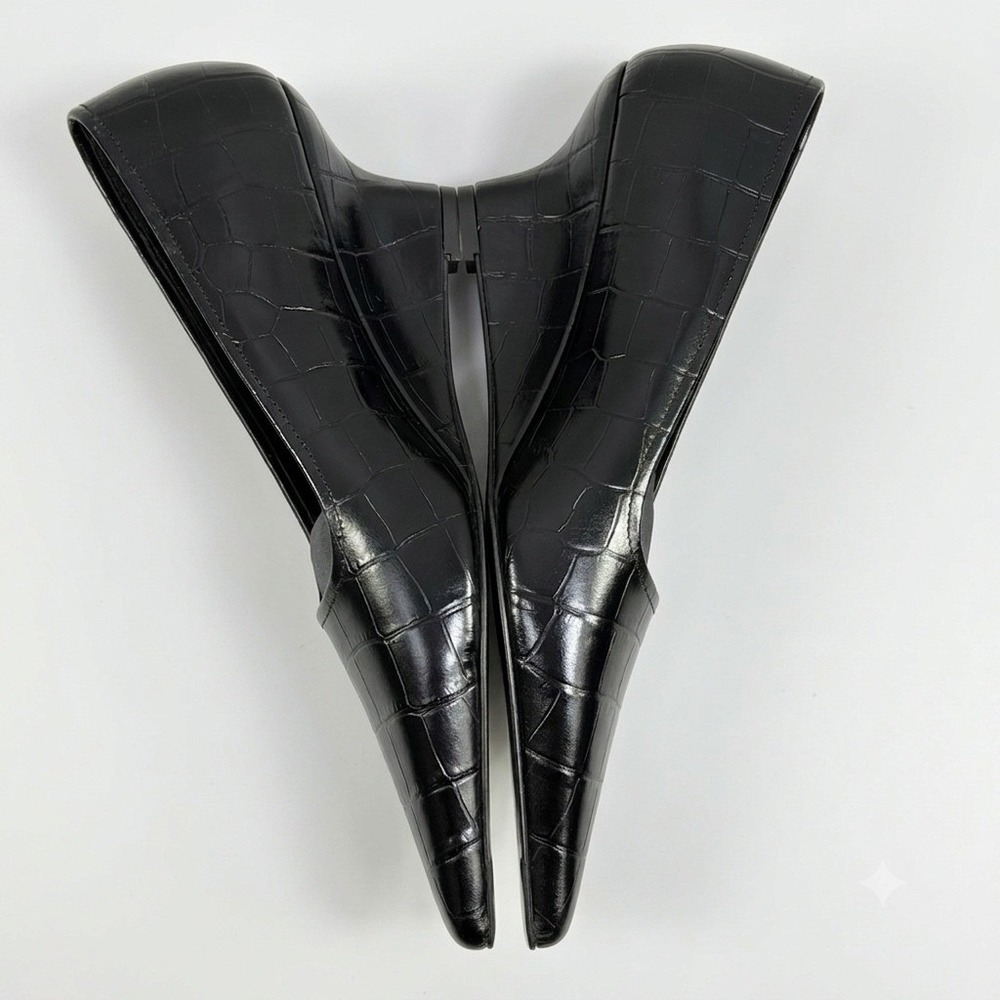 Toteme Size-EU 39 Black Croc Embossed Leather Pointed Toe Wedge Pumps - Picture 7 of 13
